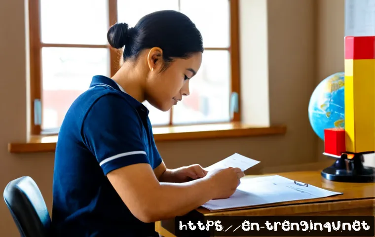 무역영어 실기시험 준비 과정 공유 - Photorealistic home study scene for international trade certification practical exam preparation, fo...